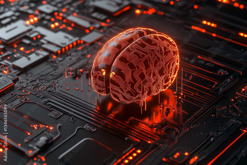 Poster futuristic brain and circuits: the fusion of cyber technology and digital art. computer circuit boar
