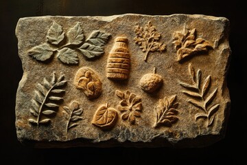 A stone tablet featuring ancient skincare recipes inscribed alongside images of prehistoric flora