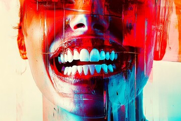 Midnight horror. Distorted dream world. Metaphorical teeth crumbling perceptions of fear and despair. Sleep anxiety. Teeth crumbling - nightmares, bad dreams: abstract image of human state.