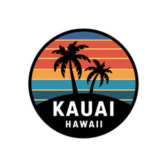Kauai Hawaii Retro Sunset Palm Tree Badge