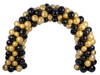 Black and golden balloons arch isolated on transparent background. Png