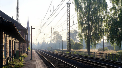 Fototapeta premium Historic Brick Railway Station Building With Parallel Tracks And Trees Under Sunny Sky