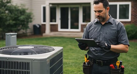 Skilled HVAC Technician Checking a Central Air Conditioning Unit in a Residence (Industry)