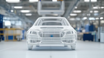 Obraz premium A detailed wireframe rendering of a car is showcased in a high-tech automotive manufacturing facility. The environment reflects advanced technology and automotive design