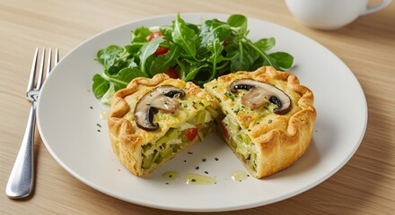 Enjoying Savory Mushroom Tart with Fresh Salad on White Plate