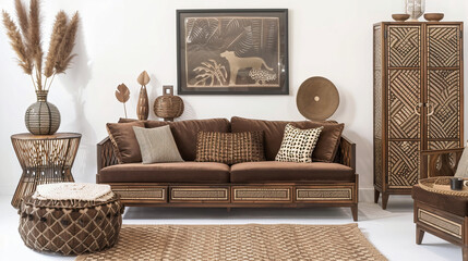 Warm and cozy composition of living room interior with mock up poster frame, braided bag, hat, wooden bench, stool, macrame, green stand and personal accessories. Home decor