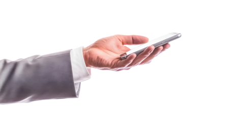 Photo of Hand Holding Smartphone Presenting Modern Technology in a Suit Sleeve on a Transparent Background for Business and Communication