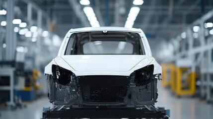 Obraz premium An unpainted car frame stands on a conveyor belt in a manufacturing facility filled with advanced machinery. Daylight streams through the large windows, highlighting the assembly process