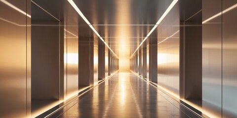 Futuristic Corridor with Reflective Surfaces and Warm Light Effects.