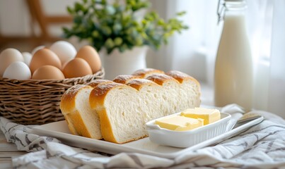 A plate of freshly sliced ​​white bread and butter neatly placed on a white rectangular plate, Generative AI