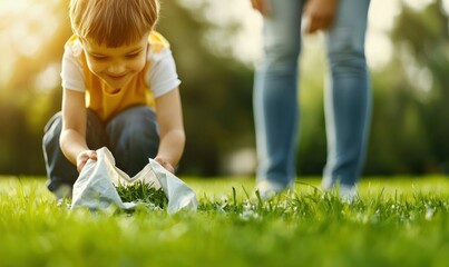 A young boy happily collects fresh grass into a cloth bag on a bright, sunny day in the garden.