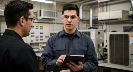 Apprentice HVAC Technician Learning HVAC Systems in a Trade School Workshop (Industry)