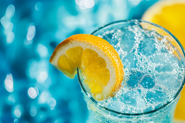 Refreshing summer drink with lemon slice and ice in sparkling water