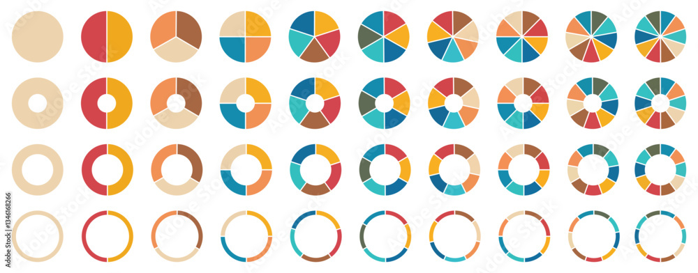 Poster circle section graph. pie charts diagrams. set of different color circles isolated. infographic elem