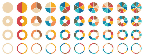 Circle section graph. Pie charts diagrams. Set of different color circles isolated. Infographic element round shape. Pie chart divided 1,2,3, 4, 5, 6, 7, 8, 9, 10,  equal parts. Vector illustration.