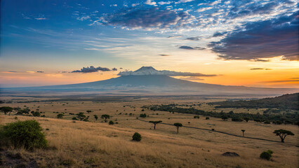 Obraz premium Kenya’s savanna at dusk, where Mount Kilimanjaro towers over endless plains beneath a glowing, color-shifting sky, embodying nature’s untouched beauty.