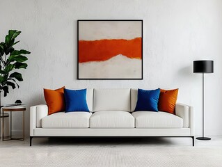 Modern living room design featuring white sofa and abstract art contemporary home stylish environment close-up view