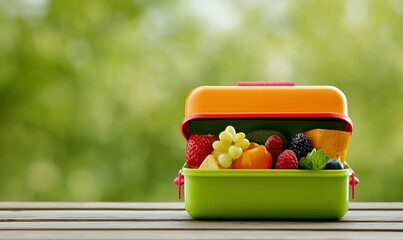 A colorful, nutritious assortment of fresh fruits are packed in a vibrant lunchbox outdoors.