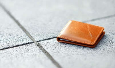 A tan leather wallet rests on a gray tiled surface, perhaps lost or forgotten, conveying financial themes.