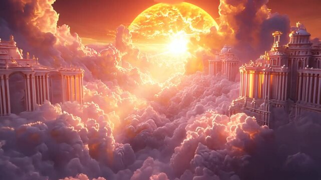 Majestic golden sun shining over ancient temples in clouds. Mythology concept