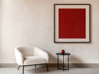 Minimalist red art display modern living room interior design neutral environment contemporary viewpoint