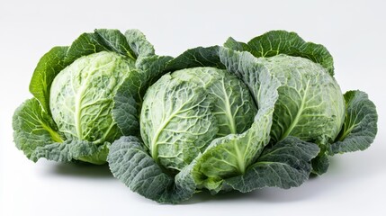 Obraz premium Three fresh green cabbages are neatly arranged, displaying their crisp, vibrant leaves. The green hues are rich and enticing, highlighting their freshness and health