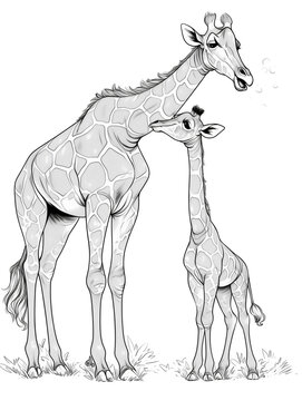 Hand drawn illustration of giraffe and her cub. Black and white savannah animals, kids animals to color, png graphic resource with transparent background
