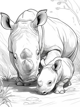 Hand drawn illustration of rhinoceros and her cub. Black and white savannah animals, kids animals to color, png graphic resource with transparent background