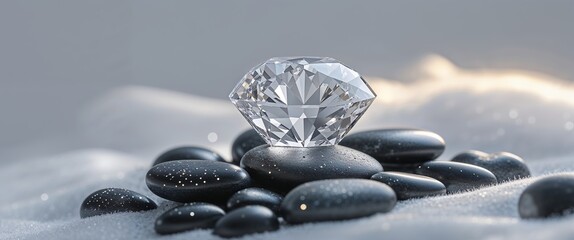 Stunning carved crystal diamond resting on smooth black stones