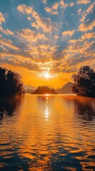 Golden sunlight breaks through the clouds at sunset, illuminating a calm lake. Trees frame the water, creating a peaceful atmosphere in nature