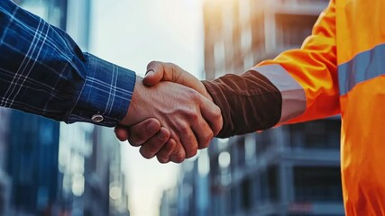 Construction workers shake hands to finalize an important agreement during sunset in an urban setting