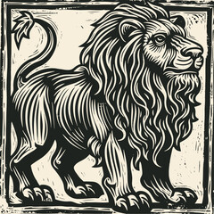 Fototapeta premium Vector illustration of lion in woodcut style with detailed mane and muscular body. Black and white square format artwork showing powerful feline in vintage linocut technique with bold lines.