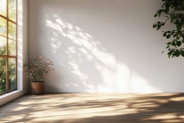 Fototapeta premium Scandinavian Style Minimalist Room Interior with Sunlight Shadows on White Walls and Wooden Floor