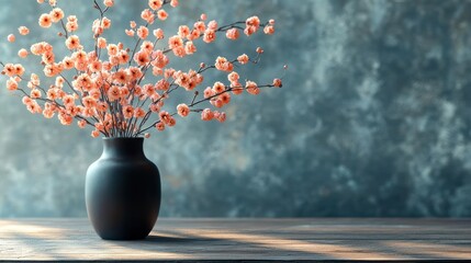 Black Vase with Dried Peach Flowers on Rustic Wooden Table in Minimalist Interior Design