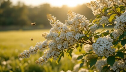 Blooming White Flowers with Bees Flying in the Evening Sunlight