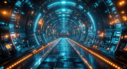 Futuristic Hyperspace Tunnel with Glowing Turquoise Light Beams and Vibrant Neon Glow in a Sci-Fi Style