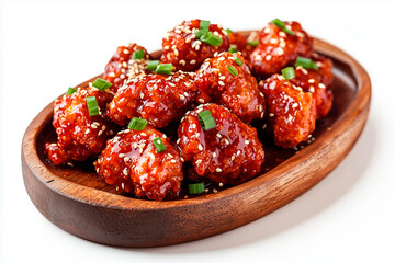 Korean spicy fried chicken, crispy thin crust, coated in a glossy red gochujang sauce, garnished with sesame seeds and chopped green onions, served on a rustic wooden plate. white background