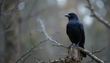 Fototapeta premium Raven Sitting Perched on a Tree Stump in a Misty Forest