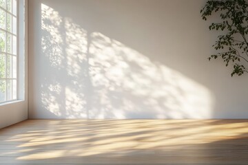 Fototapeta premium Minimalist Scandinavian Interior Room with Sunlight Shadows and Wooden Floor