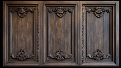 Ornate wooden wall paneling, dark brown finish.  Detailed carvings and decorative elements