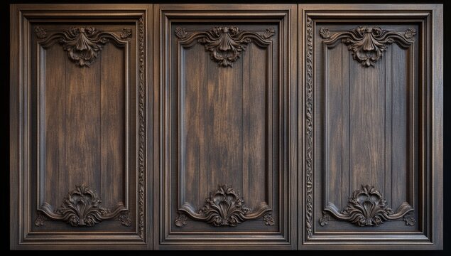 Ornate wooden wall paneling, dark brown finish.  Detailed carvings and decorative elements