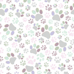 Holographic doodle paw prints. Seamless fabric design pattern