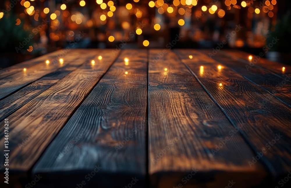 Poster rustic wooden table with bokeh lights for product display and interior design
