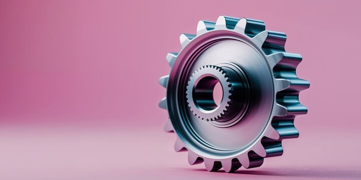 Shiny metallic gear rotating on pink background symbolizing innovative solutions.