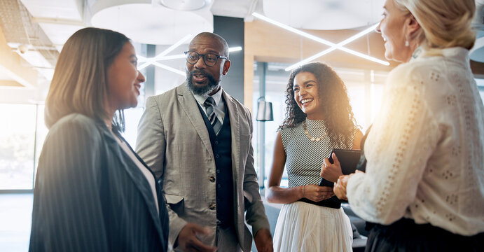 Discussion, smile and business people in lobby for teamwork, schedule update or conference hall advice. Staff, project and keynote speaker in meeting for networking, seminar or career event review