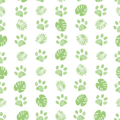 Tropical monstera and palm leaves and paw prints. Seamless fabric design pattern III