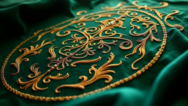 AI GENERATE, Golden elvish embroidery, stitched onto deep emerald fabric. purpose for background