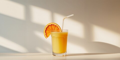 Refreshing Glass of Orange Juice with Straw and Fresh Citrus Slice.