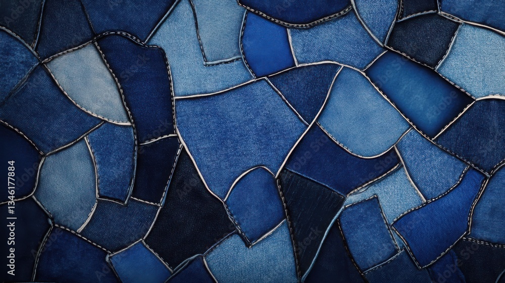 Poster a visually rich composition featuring different denim patches sewn together in an artistic pattern