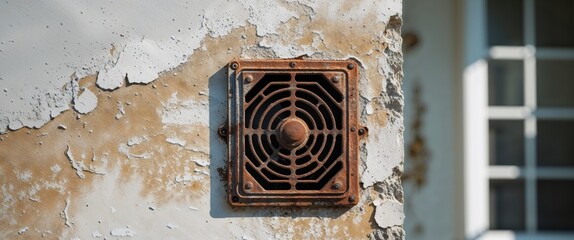 Dusty and dirty vent cover on a house's exterior wall with space for text